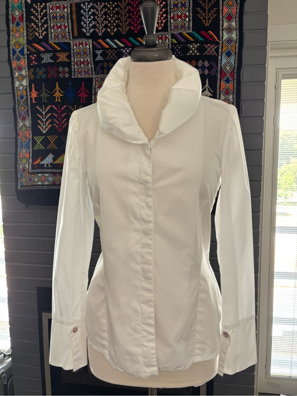 ELM DESIGN White Cotton Button Up Shirt with Puffy Shawl Collar Size P